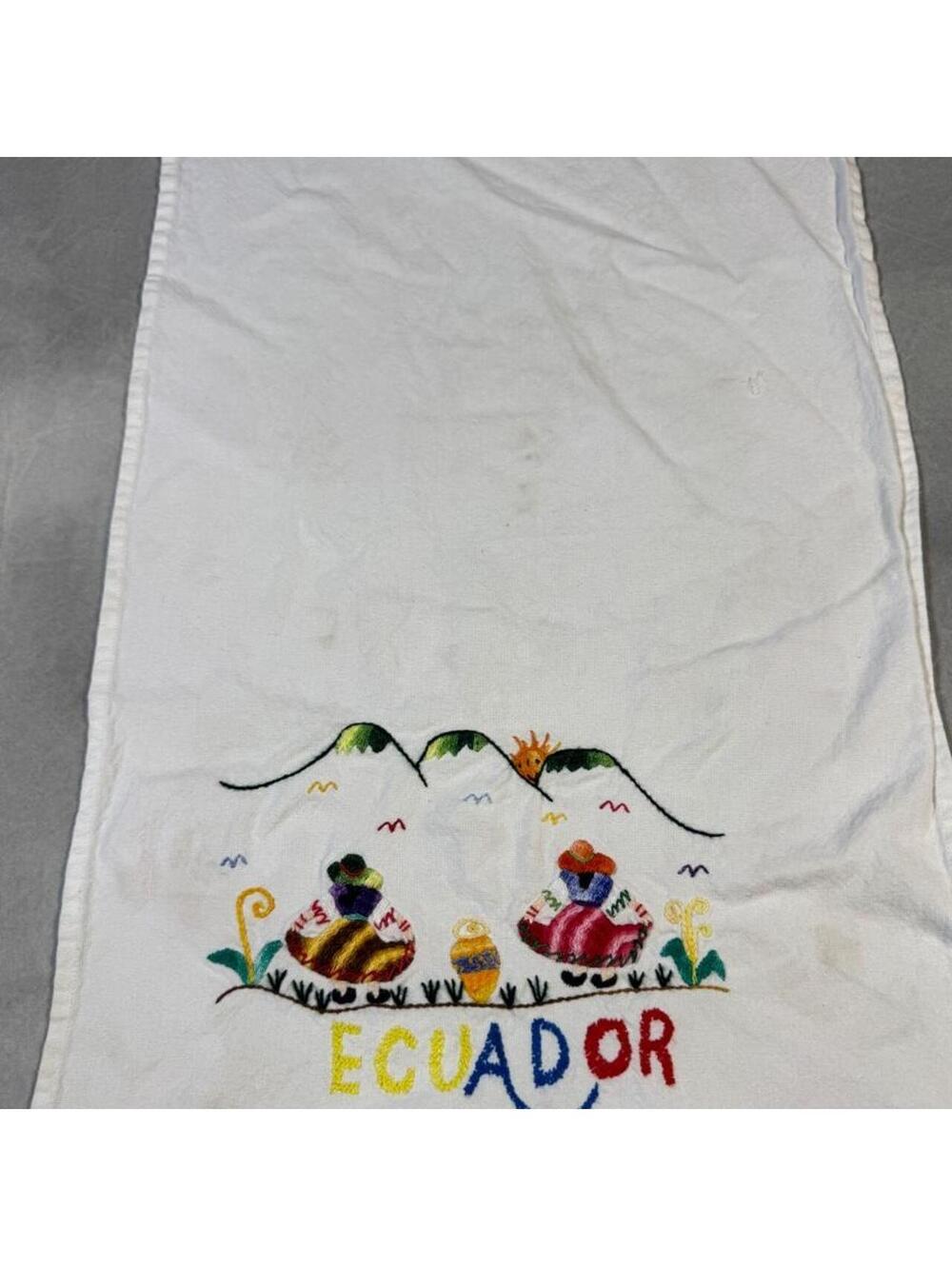 Ecuador Embroidered Hand Towel 16x24 Folk Art Textile Fringed Souvenir